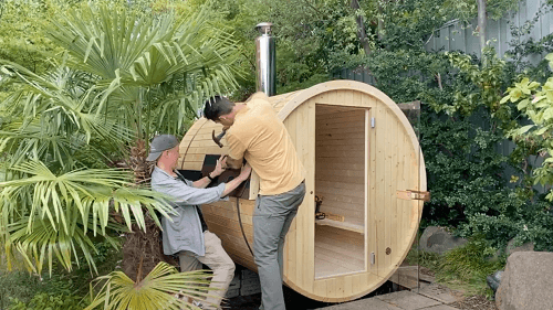 sauna pre-cut wood pieces assembled in a DIY sauna kit
