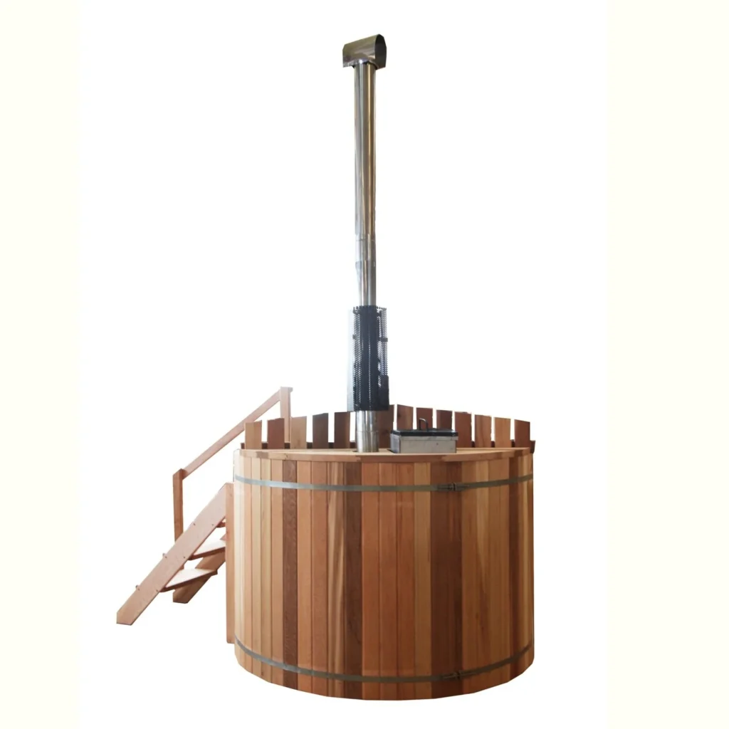 Cedar hot tub with an internal heater and chimney, showing the compact footprint
