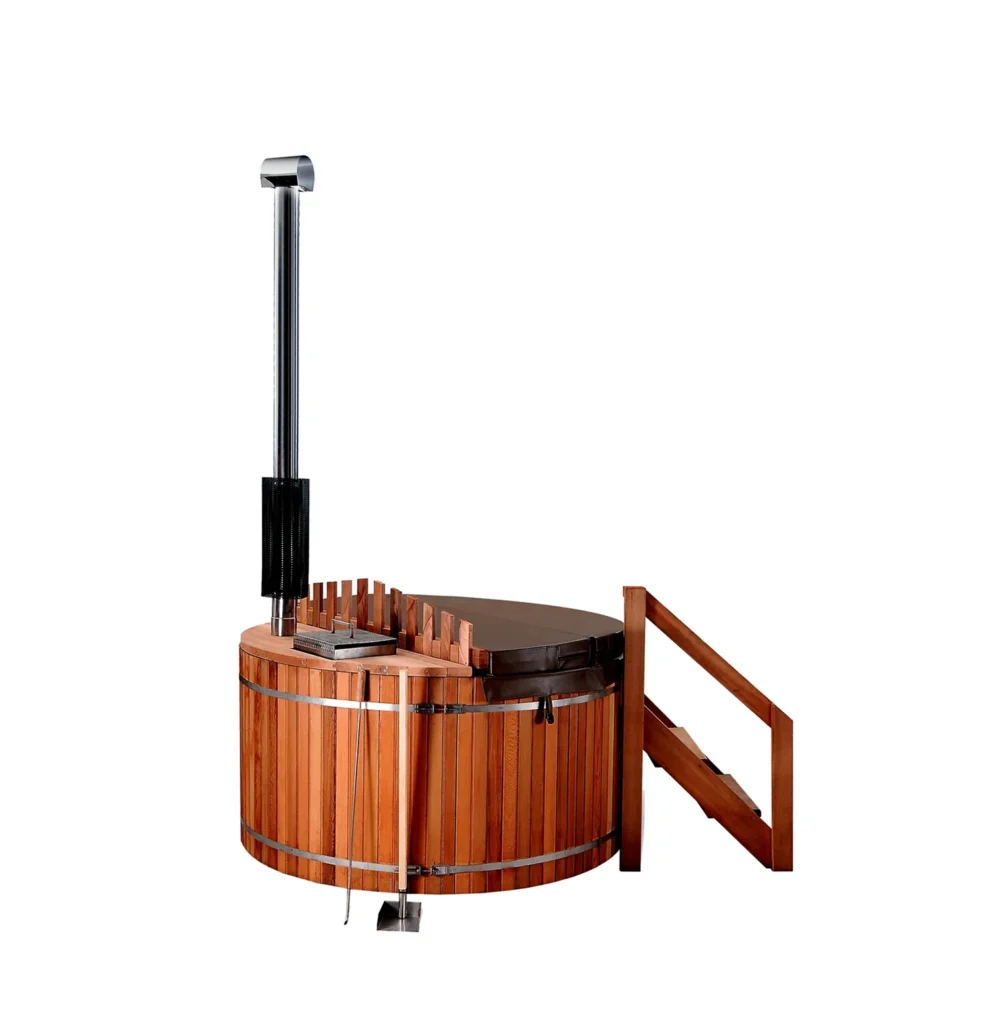 Cedar hot tub with internal wood fired heater and chimney
