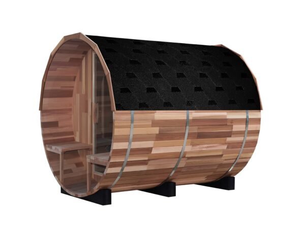 Outdoor/Indoor Western Red Cedar Barrel Sauna with Front Porch 4 Person