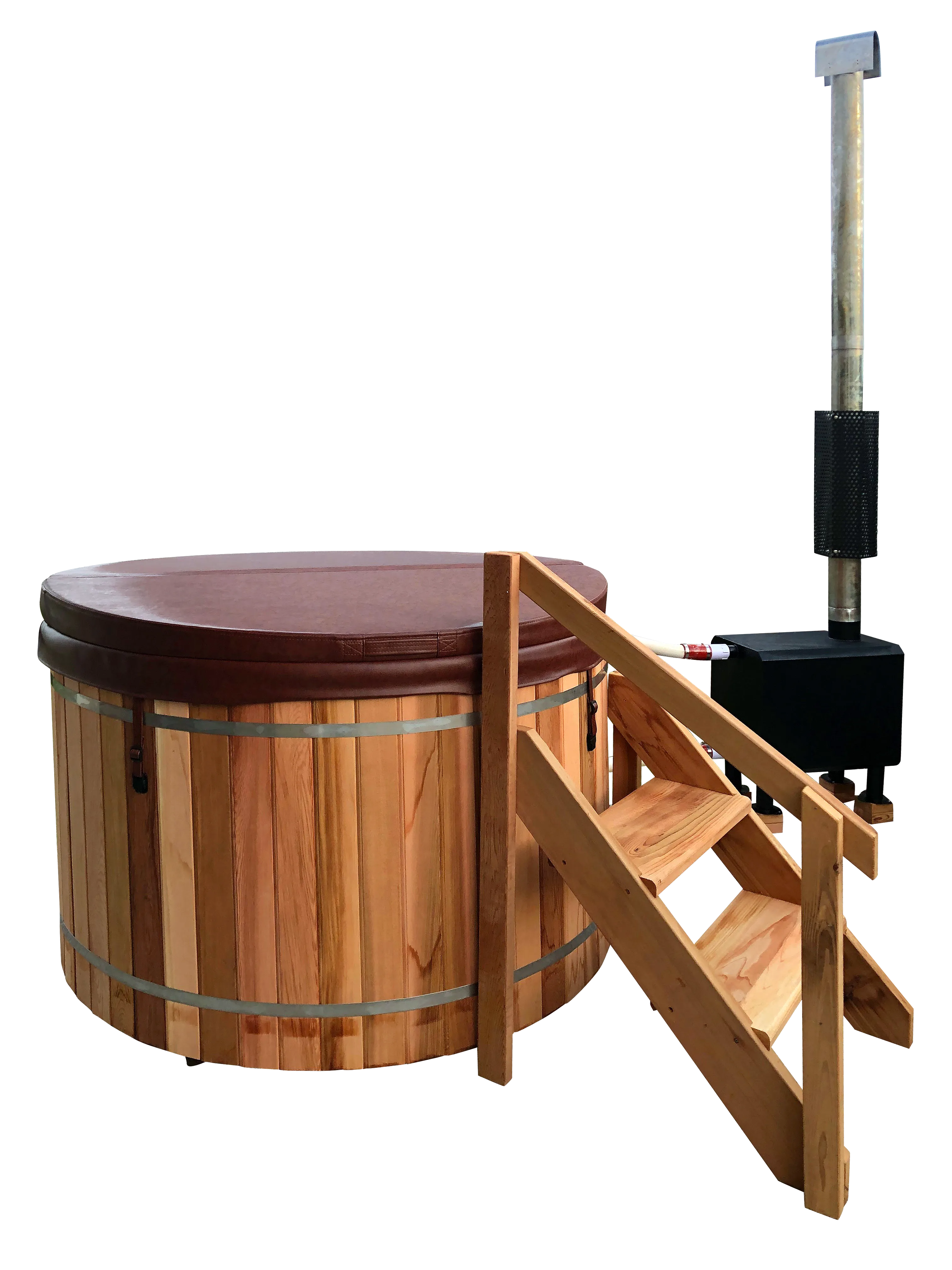 Outdoor Cedar Hot Tub With External Firewood Heater and Cover