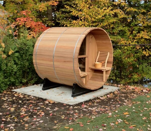 Outdoor/Indoor Western Red Cedar Barrel Sauna with Front Porch 4 Person - Image 3