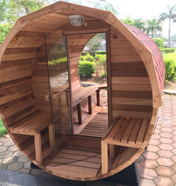 Outdoor/Indoor Western Red Cedar Barrel Sauna With Panoramic Glass and Porch 4 Person