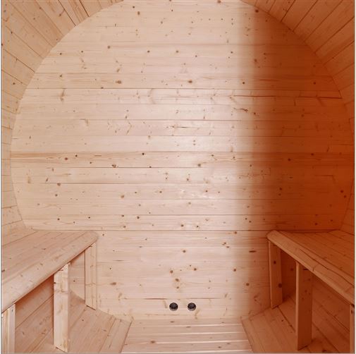 Outdoor/Indoor White Spruce Barrel Sauna with Front Porch 4 inside