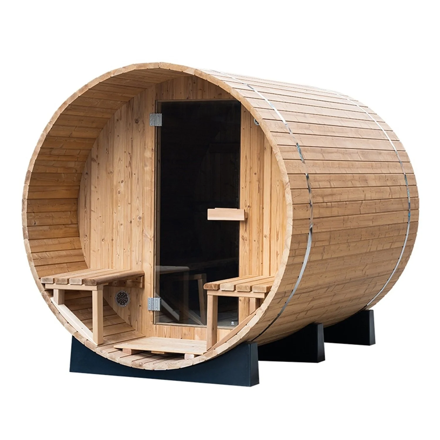Capacity: 4 Person Wood Type: Carbonised Spruce Wood Windows: 8mm Glass Doors Thickness: 3.85cm Wood Thickness Door Dimension: 595mm x 1720mm Assembly Hours: Assembly 5-10 hours Compatibility: Compatible w/ Electric or Firewood Heaters Outdoor Carbonised Spruce Barrel Sauna with Porch COVE (4 Person)