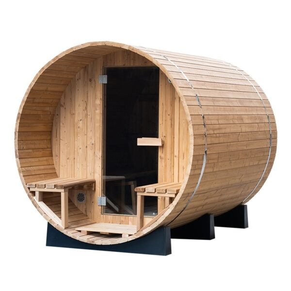 Outdoor Carbonised Spruce Barrel Sauna with Porch COVE (4 Person)