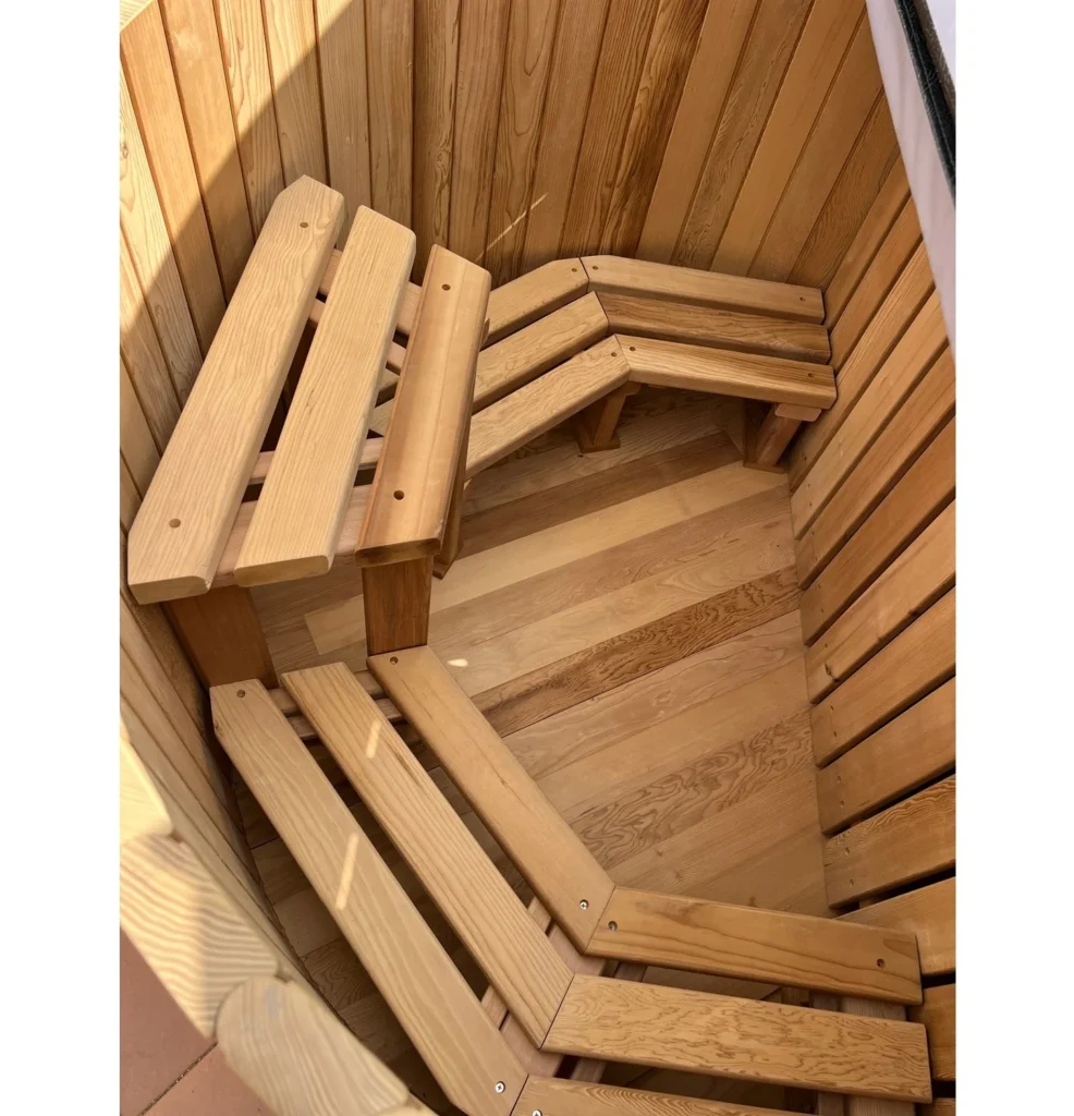 Cedar bench seating inside the hot tub