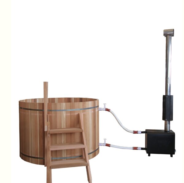 Outdoor Cedar Hot Tub With External Firewood Heater and Cover