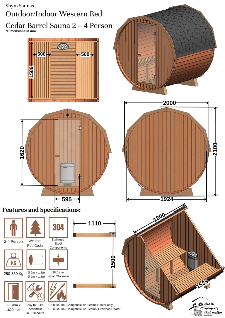 Outdoor Indoor Western Red Cedar Barrel Sauna 2 – 4 Person -2