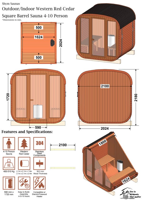 Outdoor/Indoor Western Red Cedar Square Barrel Sauna 4-8 Person - Image 4