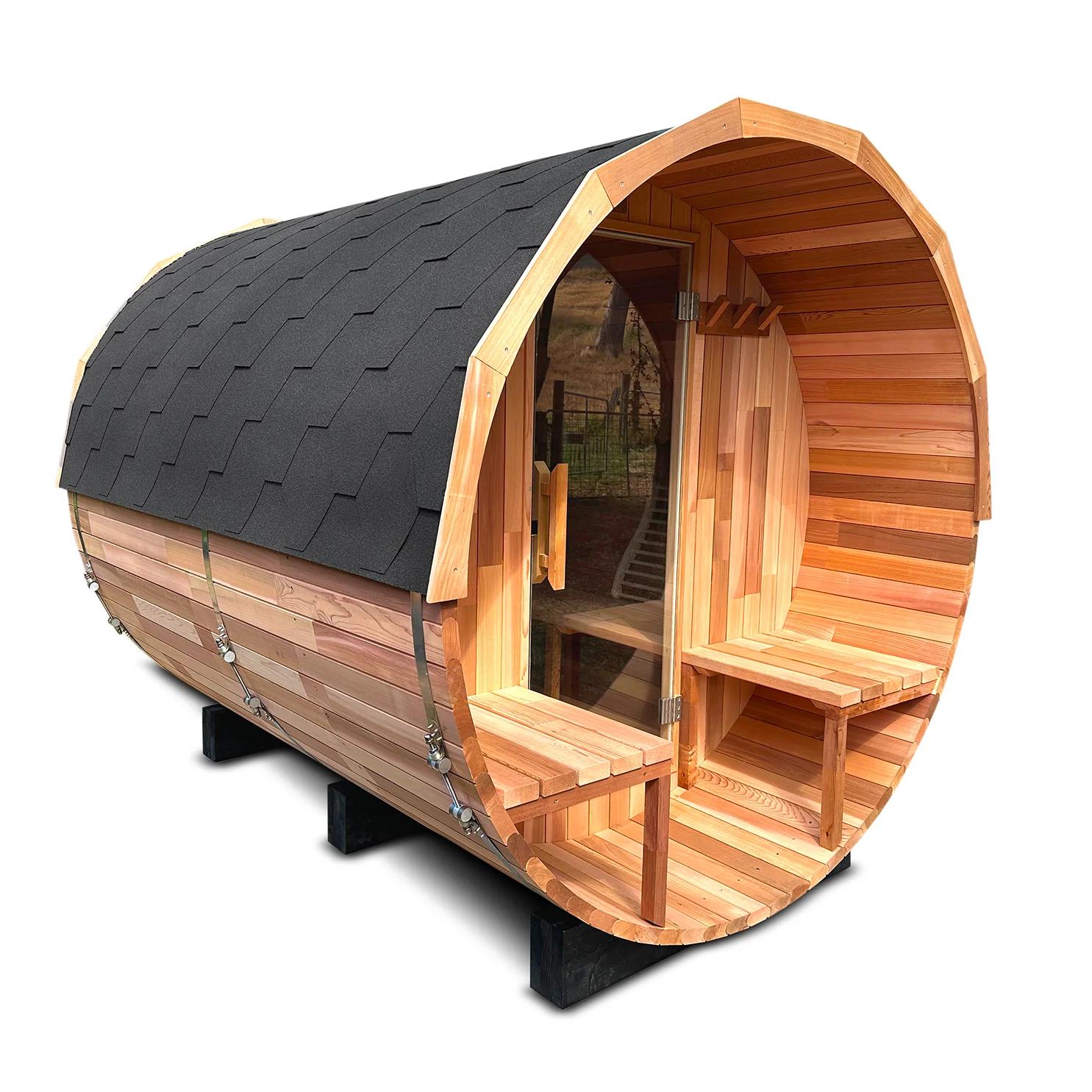 OutdoorIndoor Western Red Cedar Barrel Sauna with Front Porch 4 Person