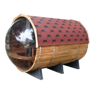 Outdoor/Indoor Western Red Cedar Barrel Sauna With Panoramic Glass and Porch 4 Person
