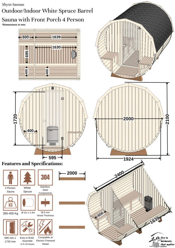 Outdoor/Indoor White Spruce Barrel Sauna with Front Porch 4 Person
