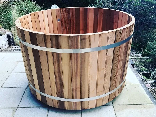 outdoor cedar hot tub with steel straps Outdoor Cedar or Thermowood Hot Tub With External Firewood Heater and Cover