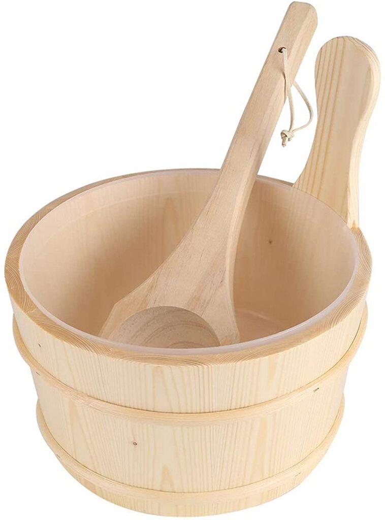 Spruce Wood Sauna Bucket & Ladle Set 4L - High Temperature Resistant, With Plastic Liner, For Sauna, Spa, Bath, Pool