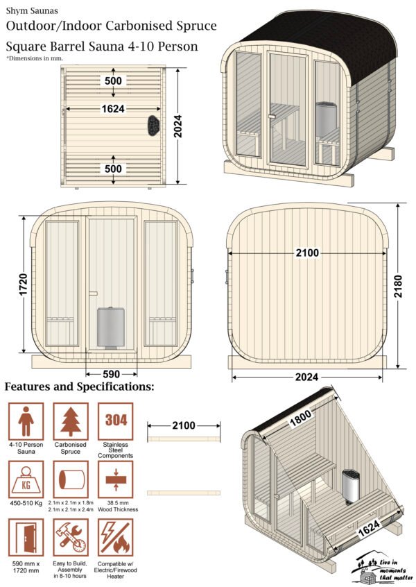 Outdoor/Indoor Carbonised Spruce Square Barrel Sauna 4-8 Person - Image 3
