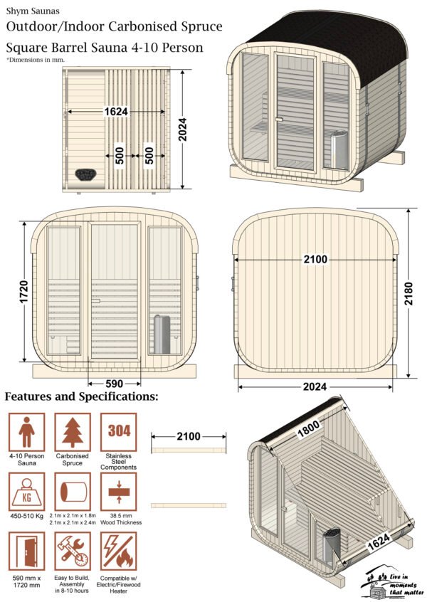 Outdoor/Indoor Carbonised Spruce Square Barrel Sauna 4-8 Person - Image 4