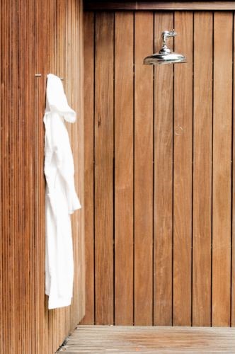 wooden outdoor shower