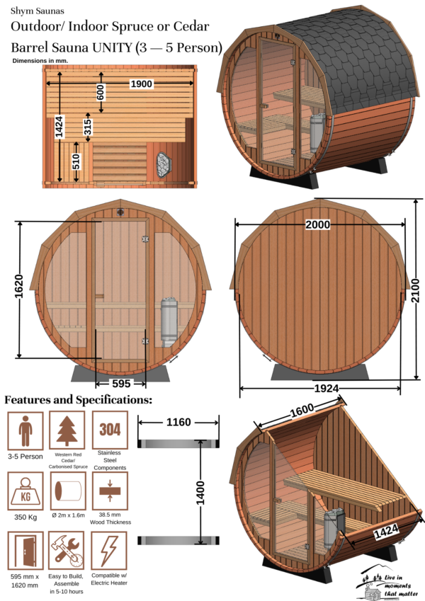 Outdoor/Indoor Spruce or Cedar Barrel Sauna UNITY (3 - 5 Person)