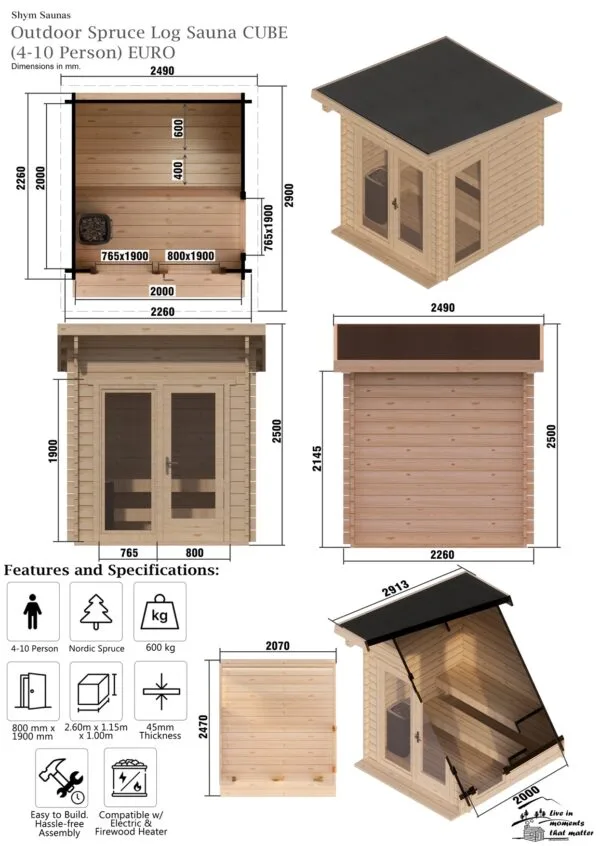Outdoor Spruce Log Sauna CUBE (4 - 10 Person) MADE IN EUROPE - Image 3