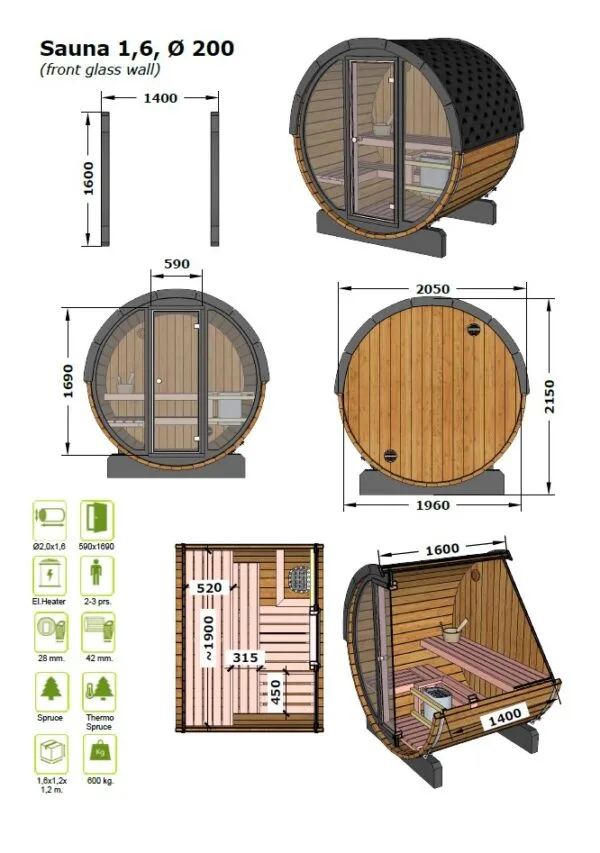 Outdoor/Indoor Spruce Barrel Sauna UNITY EURO