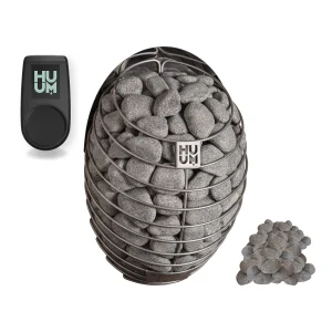 HUUM Drop sauna heater with the UKU WiFi controller and a pile of sauna stones