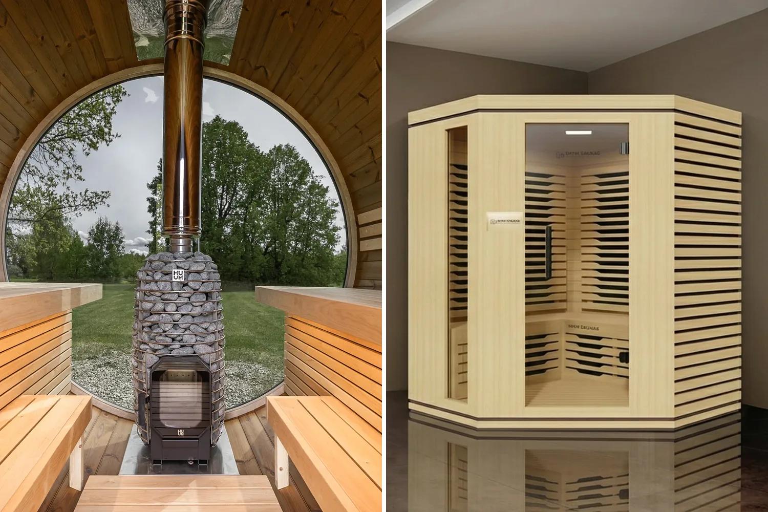 A traditional barrel sauna with a wood-fired heater and stones, next to a Shym Aura infrared sauna in a living room