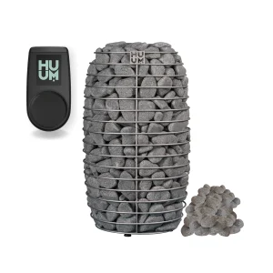 HUUM HIVE MINI sauna heater with the UKU WiFi controller and a pile of sauna stones