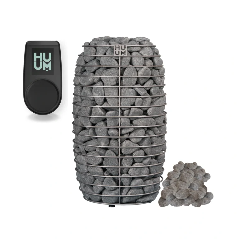 HUUM HIVE MINI sauna heater with the UKU WiFi controller and a pile of sauna stones