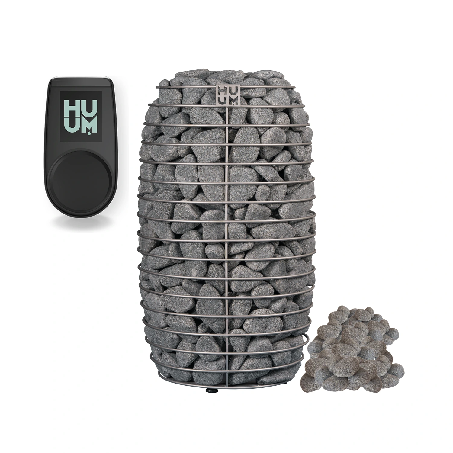HUUM HIVE MINI sauna heater with the UKU WiFi controller and a pile of sauna stones