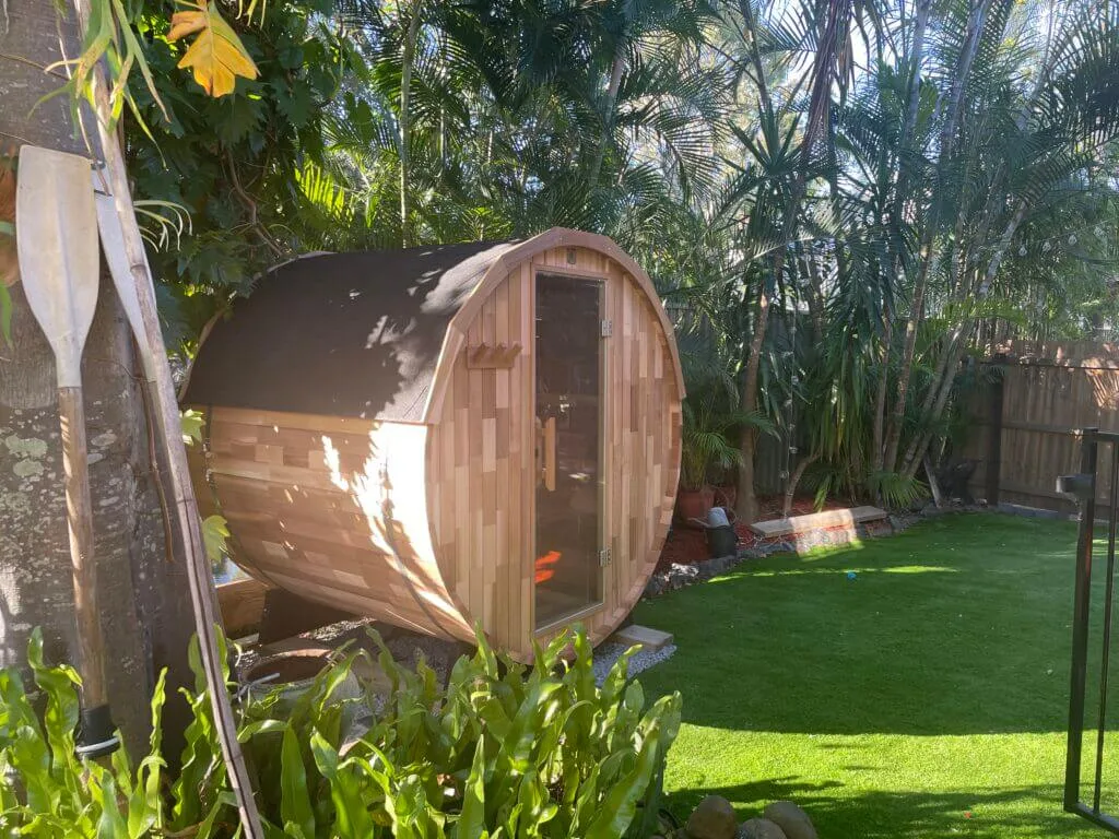 southport qld barrel cedar sauna with bitumen roof shingles