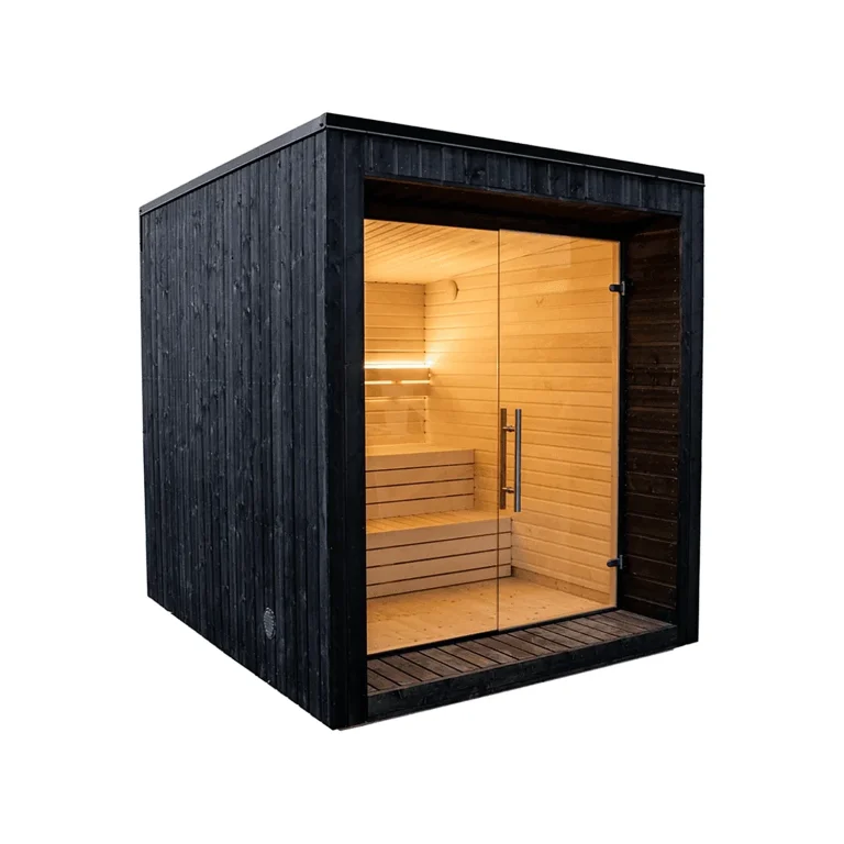 Eclipse M outdoor Nordic spruce sauna with a full glass front