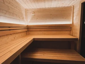Sauna benches lit by LED strip lights