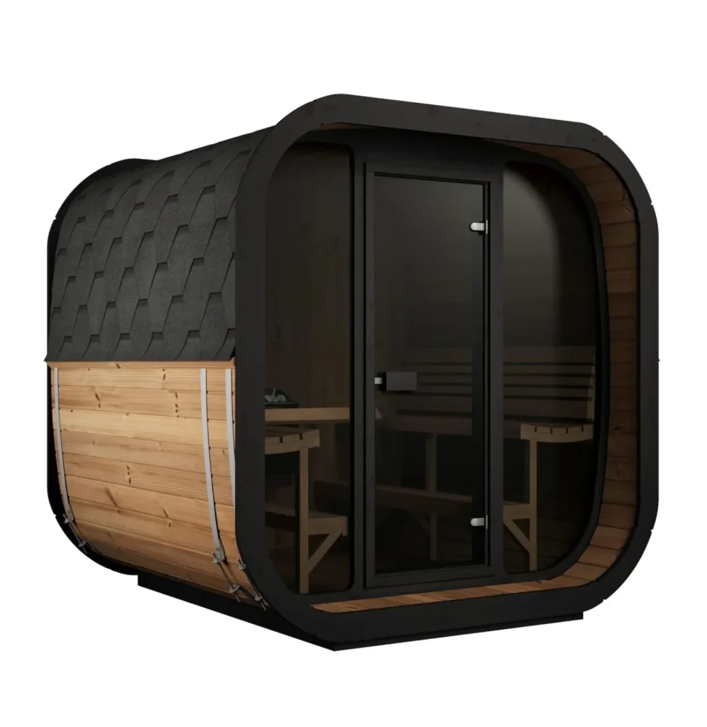 Capacity: 3 - 6 Person Wood Type: Nordic Spruce Windows: Tinted 8 mm (single pane) Thickness: 42 mm Thick Stave Boards Compatibility: Compatible w/ Firewood and Electric Heaters Outdoor Sauna Thermo Treated Spruce UNION 220 (3 – 6 Person) MADE IN EUROPE