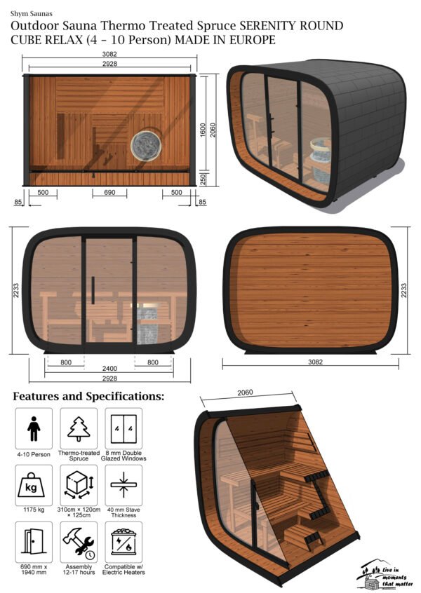 Outdoor Sauna Thermo Treated Spruce SERENITY ROUND CUBE RELAX (4 - 10 Person) MADE IN EUROPE - Image 4