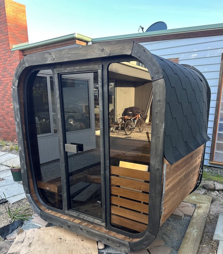 Recently installed Outdoor Sauna UNION 160 thermo-treated spruce in Hawley Beach TAS