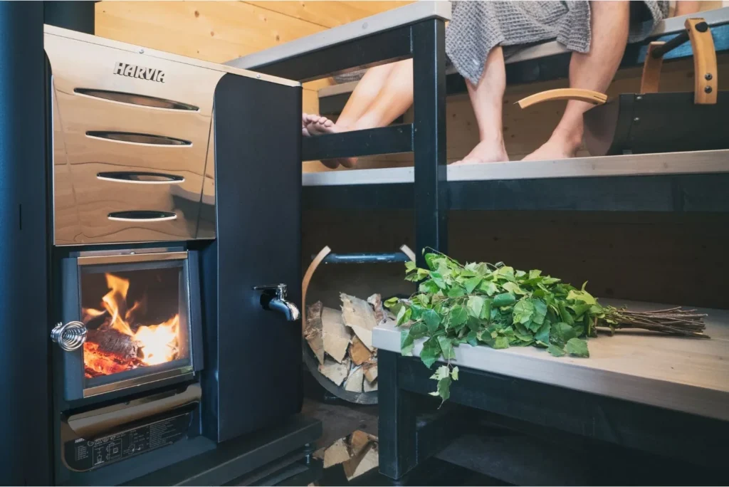 Harvia wood burning heater installed in a sauna