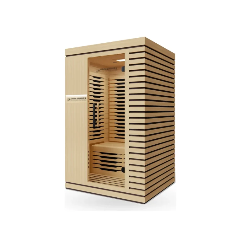 Aura Infrared Sauna 2 Person Standard, right angle view showing slatted hemlock side