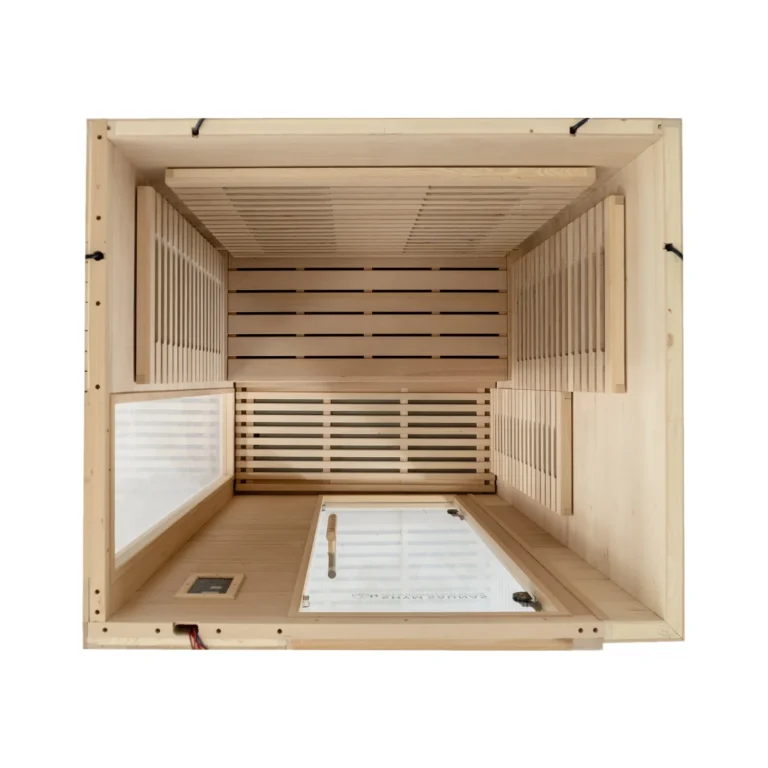 Overhead view inside the Aura Infrared Sauna 2 Person showing the bench and floor heater layout
