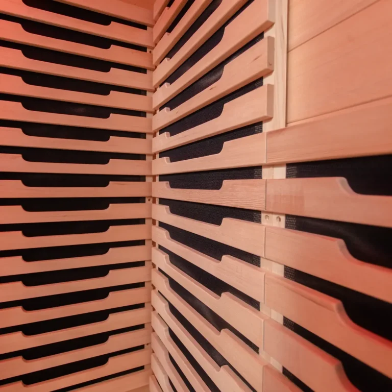 Close-up of the carbon far-infrared heater panels in the Aura Infrared Sauna