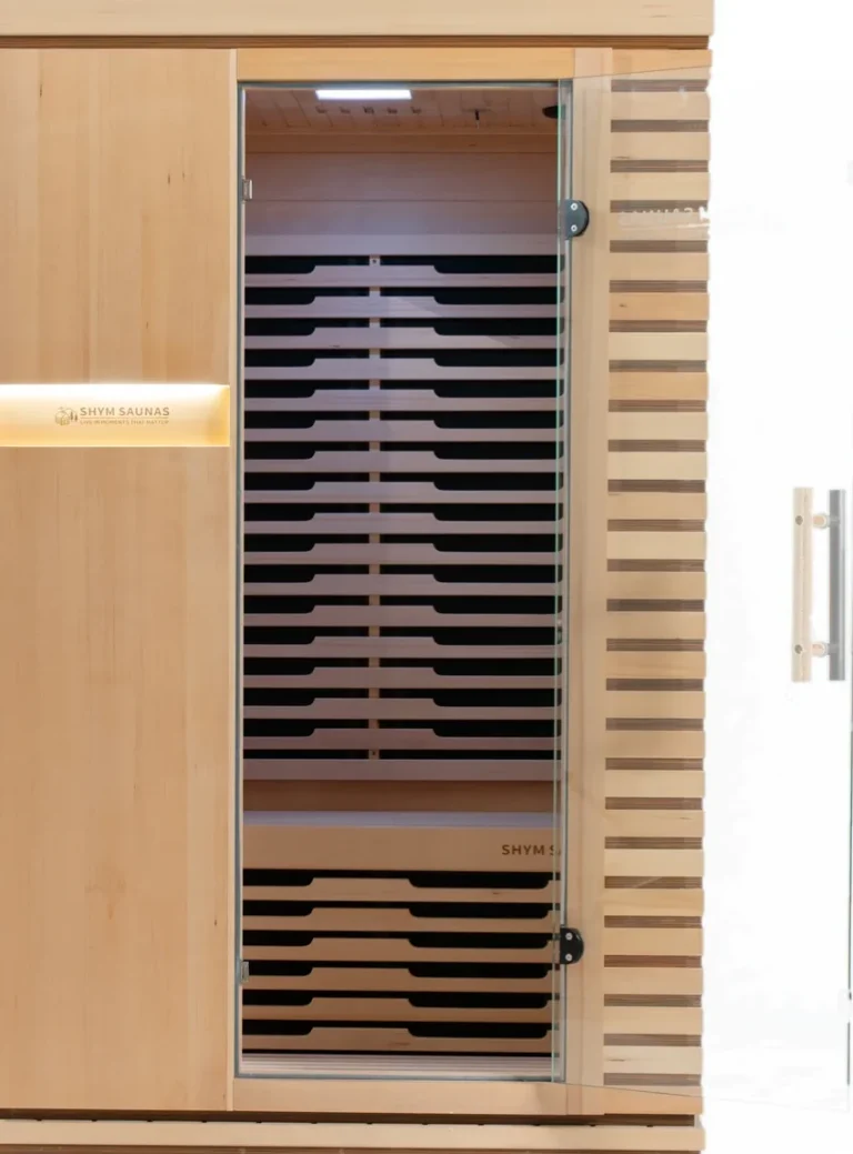 Aura Infrared Sauna 2 Person Standard with the glass door open, hemlock interior