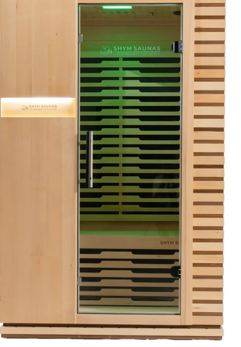 Aura Infrared Sauna 2 Person with green colour lighting, door detail