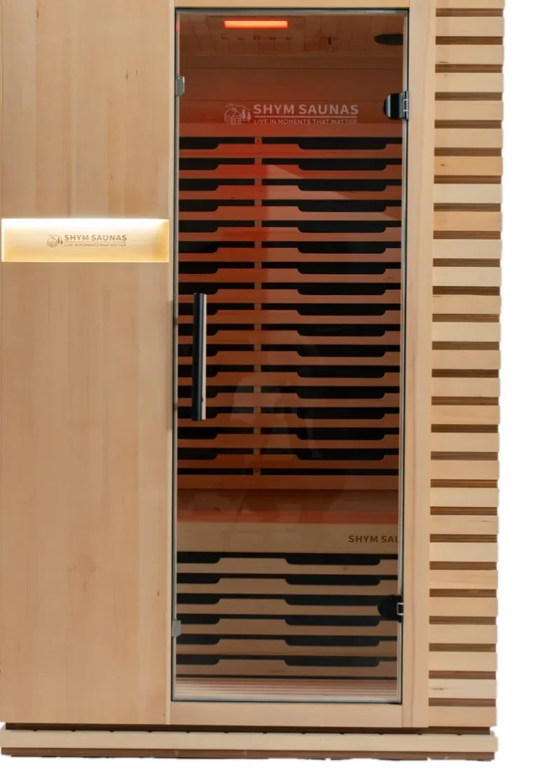 Aura Infrared Sauna 2 Person with warm colour lighting, door detail