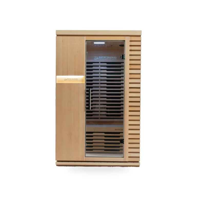 Aura Infrared Sauna 2 Person Premium with grey tinted glass door, front view