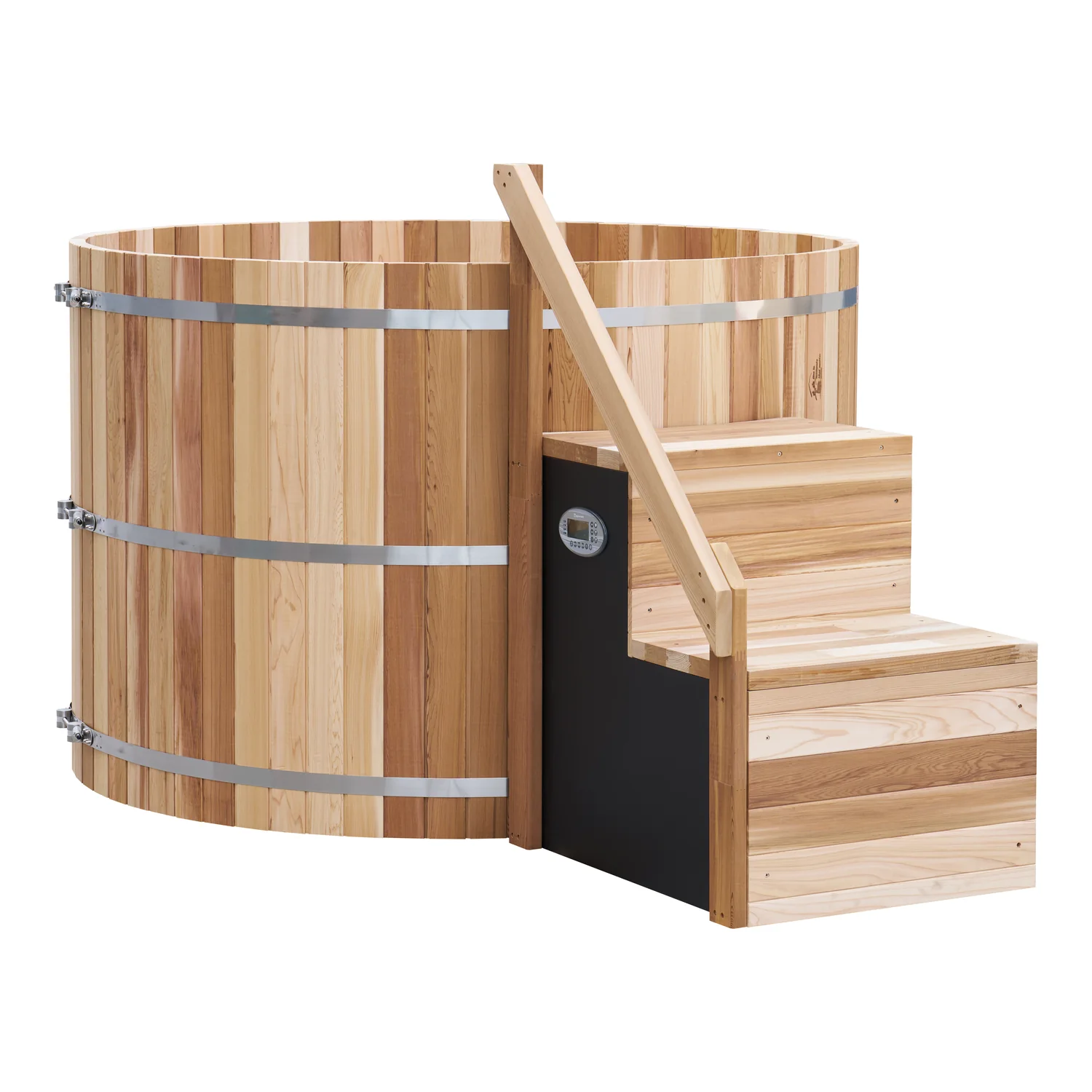 Outdoor cedar hot tub with electric heater, steps and SpaNet control panel