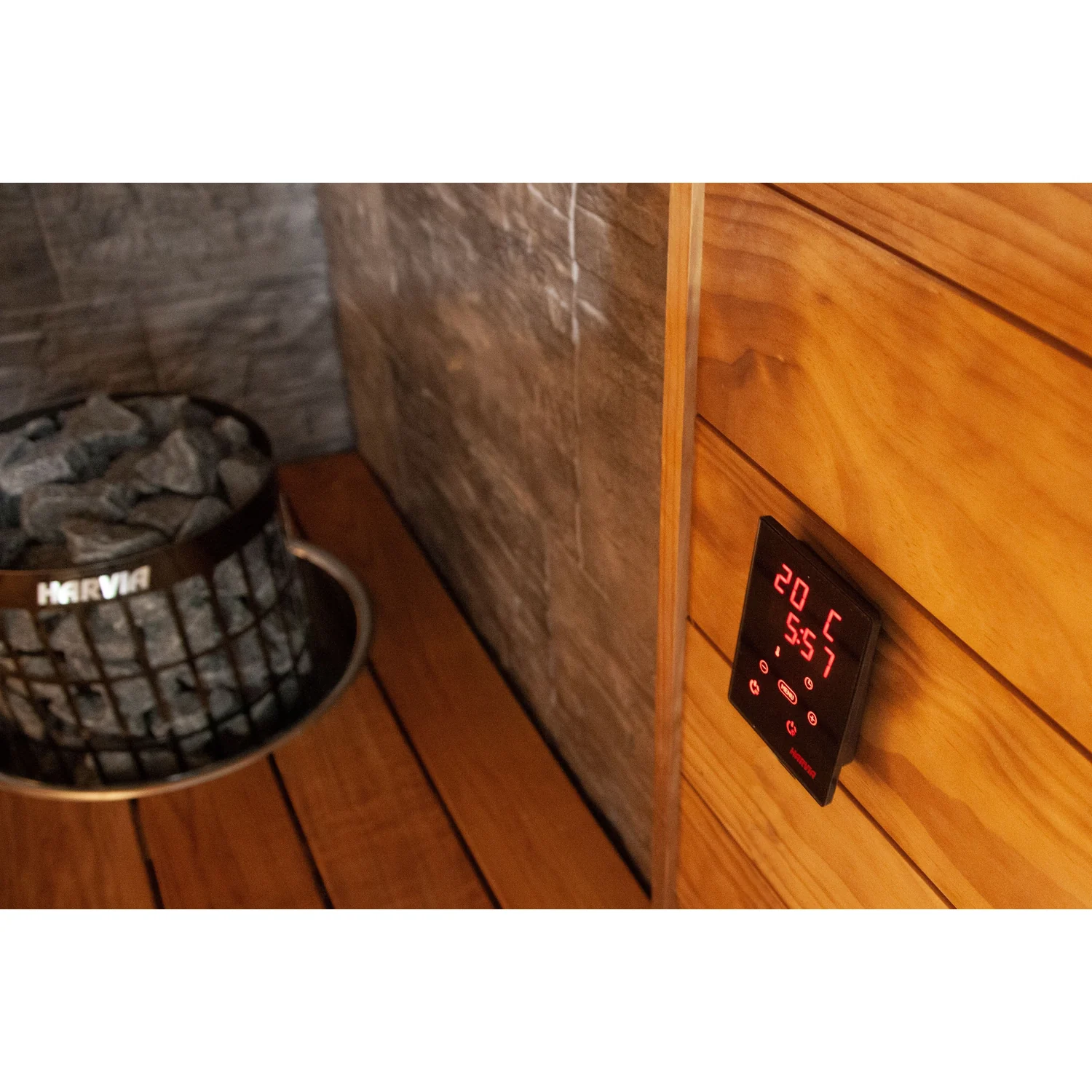 Harvia Cilindro PC70E black steel heater with a separate wall mounted control panel