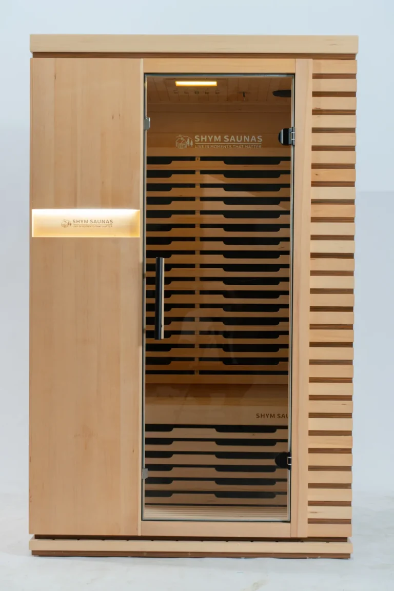 SHYM Aura 2-person infrared sauna in Canadian hemlock with the glass door closed, front view