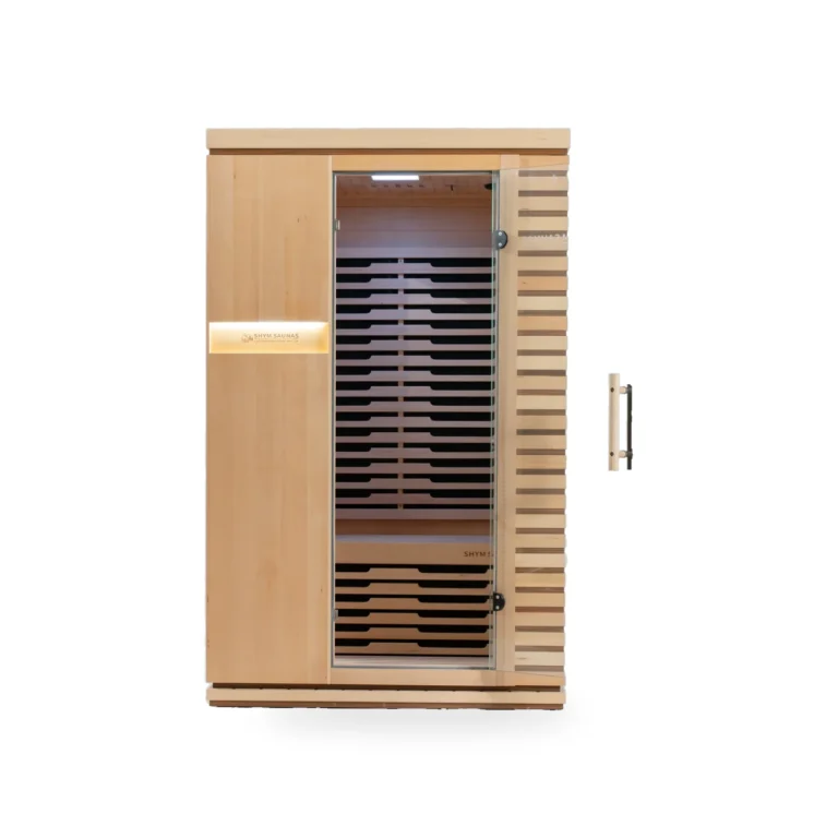 SHYM Aura 2-person infrared sauna with the door open, revealing the bench and carbon far-infrared panels
