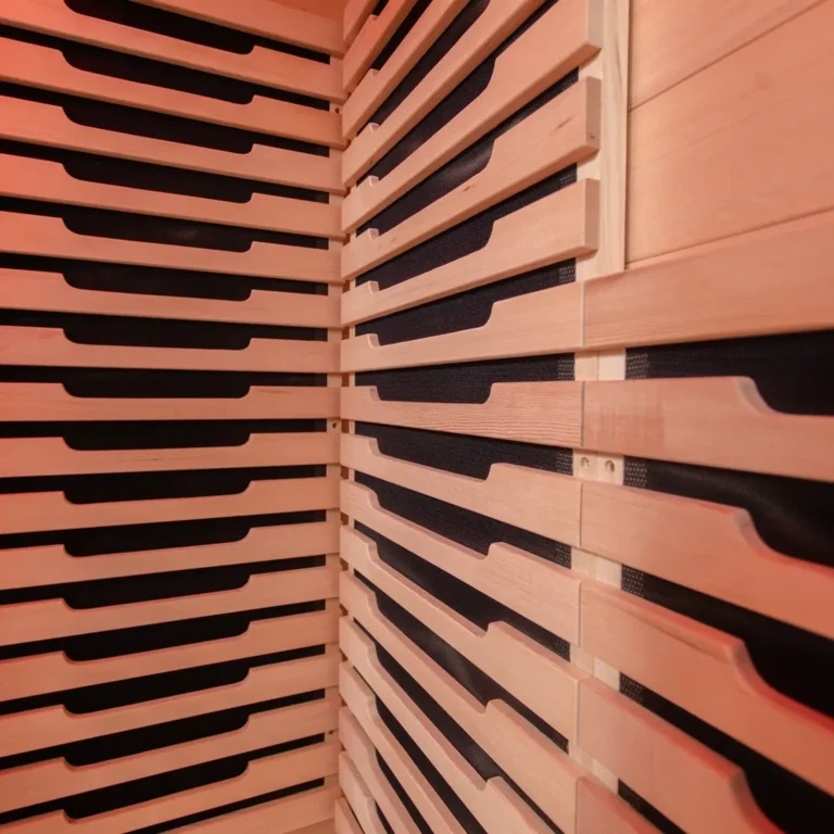 Close-up of the carbon far-infrared heater panels inside the SHYM Aura infrared sauna