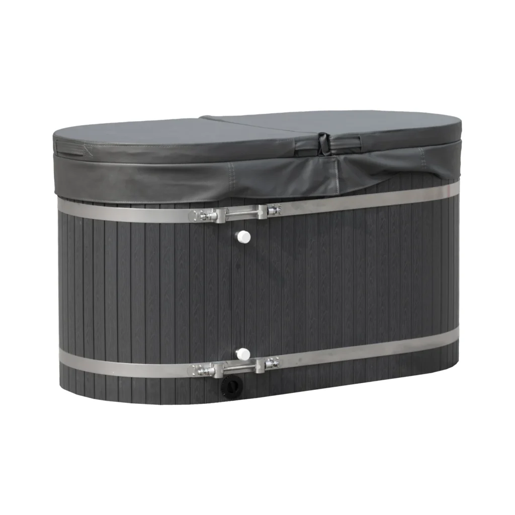 Oval cold plunge tub with the insulated cover fitted